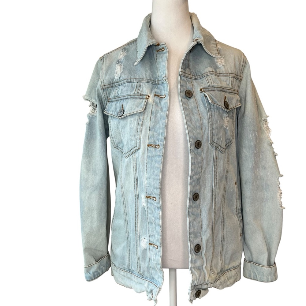 Iris Distressed Light Blue Denim Jacket Womens Small Y2K Grunge Biker Oversize